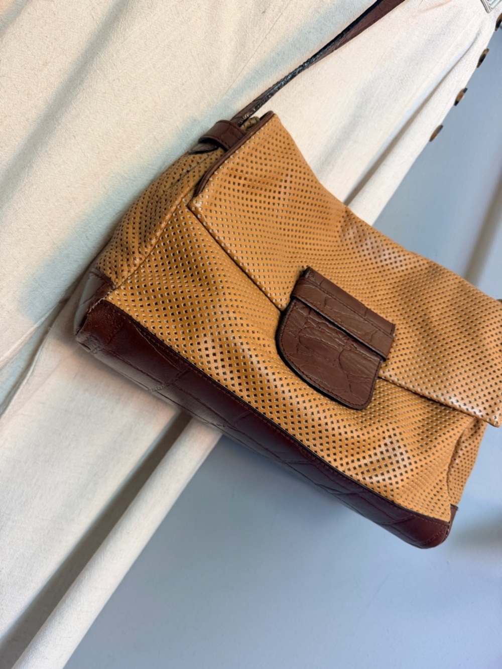 Genuine Leather Perforated Shoulder Bag Tan & Cognac Croc Embossed Leather